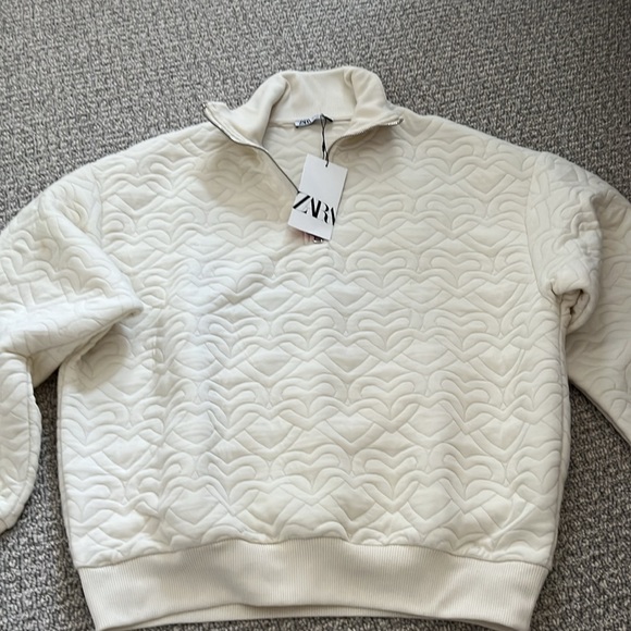 New Zara Men Sweetheart Hearts Sweatshirt 1/4 Zipped Sweater Top S Ecru - Picture 6 of 11
